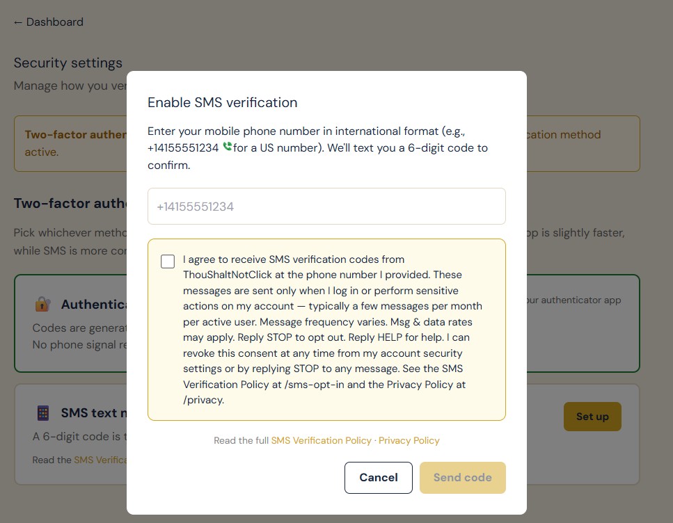 SMS verification modal in initial state — empty phone input, unchecked consent checkbox in gold-bordered box, Send code button visibly disabled (grayed out)